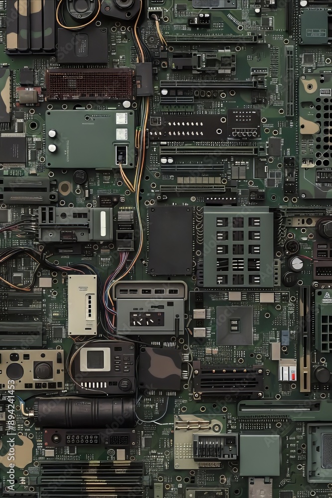 Poster a closeup view of a green circuit board with intricate electronic components and wires