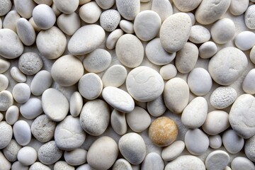 Tightly packed round white stones of various shapes and sizes create a visually striking textured background in this highly detailed and closely captured image.