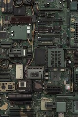 Fototapeta premium A closeup view of a green circuit board with intricate electronic components and wires
