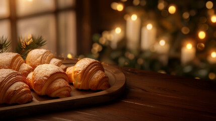 Cozy holiday scene with freshly baked croissants on a wooden table, surrounded by warm candlelight and festive decorations.