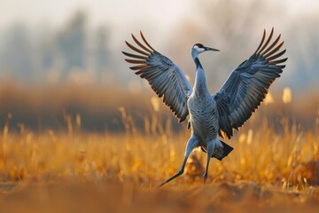 Fototapeta premium A dynamic shot of a common crane dancing in a marshland during mating season.