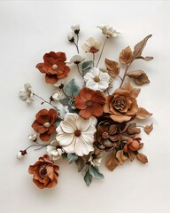 A collection of brown orange and white flowers arranged on a white background