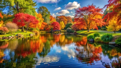 Vibrant autumn foliage surrounds a serene pond, reflecting the surrounding trees and scenic beauty of the tranquil park, perfect for relaxation.