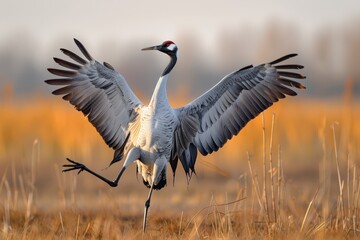 Fototapeta premium A dynamic shot of a common crane dancing in a marshland during mating season.