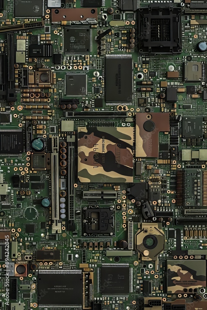 Poster a closeup view of a circuit board with camouflage patterned components