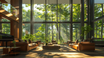 Fototapeta premium Elegant modern living room with large windows and sunrays illuminating the interior through the trees