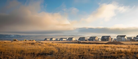 Row of houses on a grassy hill against a cloudy sky.