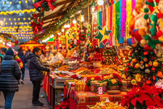 Festive Mexican Christmas posada with vibrant decorations and cheerful celebration