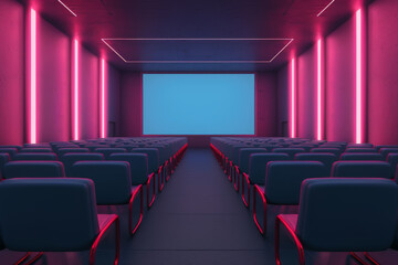 Fototapeta premium Modern empty cinema hall with neon lights and comfortable seating, ready for a movie screening experience.