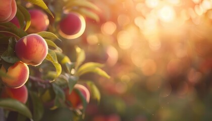 Close-up of ripe peaches on a tree branch with warm sunlight in the background.