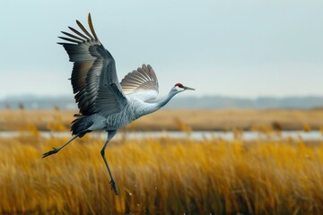 Fototapeta premium A dynamic shot of a common crane dancing in a marshland during mating season.