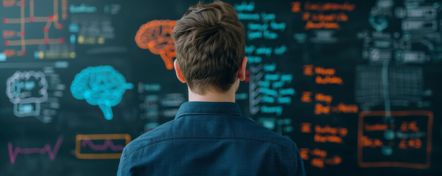 Person analyzing complex data on a blackboard, focusing on artificial intelligence and neural networks in a scientific environment.