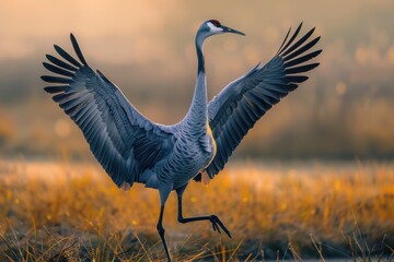 Obraz premium A dynamic shot of a common crane dancing in a marshland during mating season.