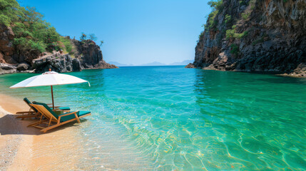Serene beach with turquoise water and lounge chairs under an umbrella, surrounded by rocky cliffs and lush greenery. Perfect vacation spot.