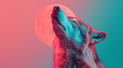 Surreal image of a wolf howling at the moon with vibrant blue and pink lighting, creating a mystical and ethereal atmosphere.