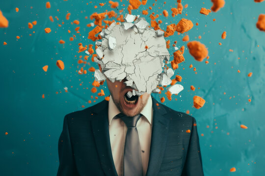 Surreal image of a man in a suit with his head exploding into orange fragments, representing creativity and chaos.