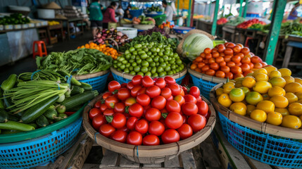 Vibrant market stall with assorted fresh vegetables and fruits in baskets, showcasing colorful produce at a local farmer's market.