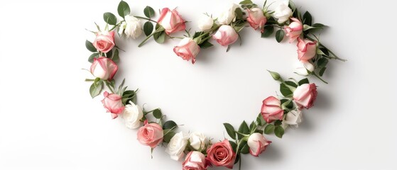 Obraz premium Pink and white roses arranged in a heart shape on a white background.