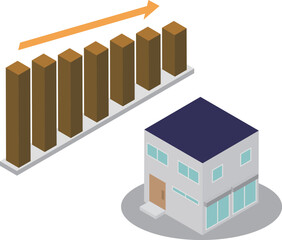 Fototapeta premium アイソメトリックな一戸建て住宅と下降の棒グラフのイラスト