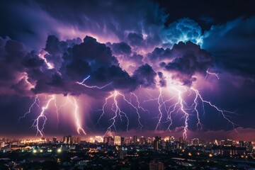 A massive lightning storm over a city skyline, with multiple strikes illuminating the night.