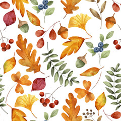 Seamless pattern with leaves hand drawing, digital botanical background. Autumn design.