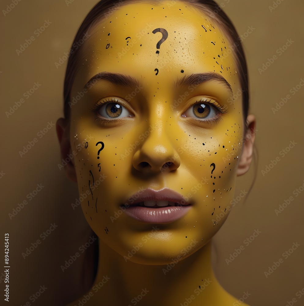 Poster a yellow face with a question mark on it. the face is looking up and has a surprised expression