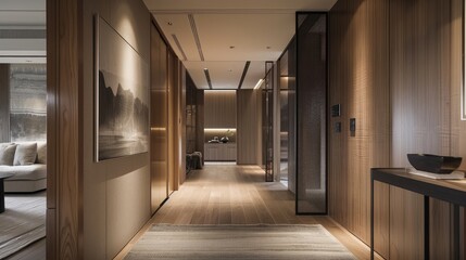 Fototapeta premium Elegant Modern Interior Hallway with Warm Wood Finishes and Contemporary Design