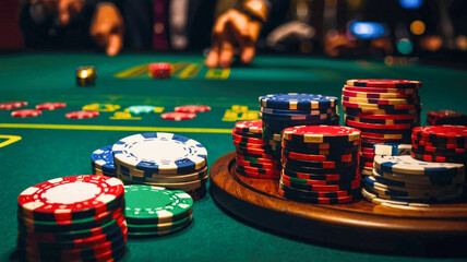 Stacks of red, blue, and green poker chips on a casino table
