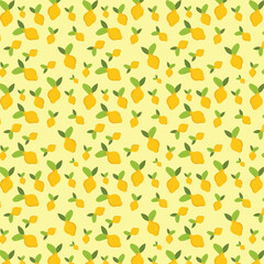 Seamless pattern design of lemons isolated on light yellow background.