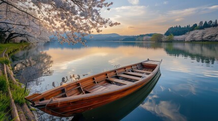 Obraz premium A Wooden Boat Docked on a Serene Lake Surrounded by Blossoming Cherry Trees at Sunset