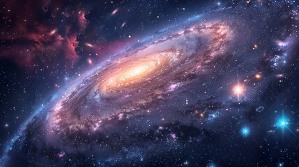 Fototapeta premium Stunning Spiral Galaxy in Outer Space with Bright Stars and Cosmic Dust, Ideal for AstronomyThemed Prints and Posters
