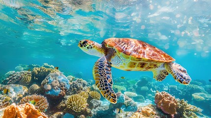A travelthemed illustration of a sea turtle swimming through the Great Barrier Reef