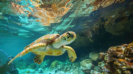 Obraz premium A traveladventurethemed image of a sea turtle swimming near an underwater cave,