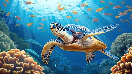 A travelthemed illustration of a sea turtle swimming through the Great Barrier Reef