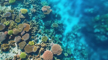 Obraz premium Aerial View of Lively Coral Reef with Vibrant Colors and Diverse Marine Life