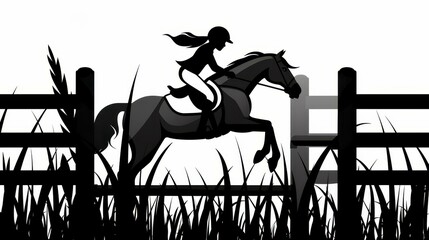 Dynamic silhouette of a female rider leaping a hurdle with her showjumper horse in midair, showcasing athleticism.