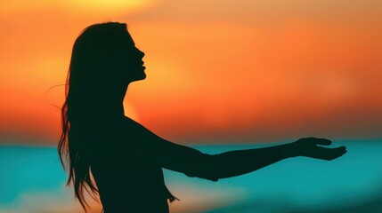 A silhouette of a woman basking in sunset glory, radiating joy and freedom, embodies pure serenity and happiness.