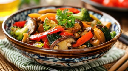 Colorful Vegetable Stir-Fry in a Decorative Bowl