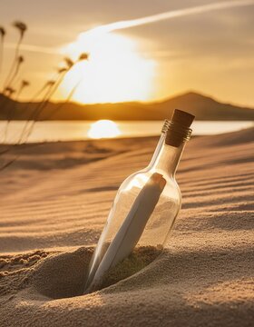 A message in a bottle rests in the sand as the sun sets