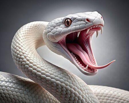 Fearsome white snake with open mouth and sharp fangs, poised to strike, isolated on a gray background, showcasing its menacing and powerful features.