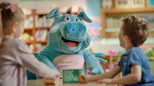 Financial institution mascot entertaining children while they learn about saving money - Powered by Adobe