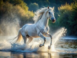 Majestic white horse gallops through crystal clear river water, sending droplets flying in all directions, creating a misty veil of freedom and unbridled energy.