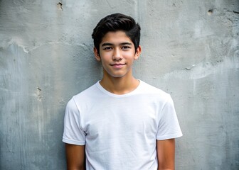 Fototapeta premium Portrait of a young handsome Latino teenager in a white t-shirt against a gray wall.