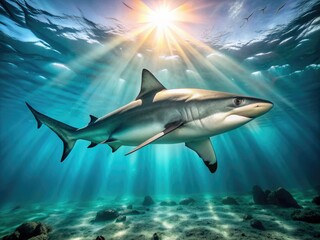 Fototapeta premium Fierce gray reef shark swims horizontally in turquoise ocean water with sunlight filtering down, showcasing its powerful tail and razor-sharp serrated teeth.