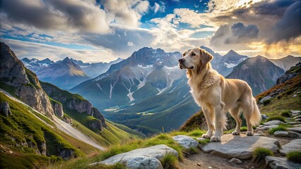 Obraz premium A serene dog stands alone on a rocky mountain path, symbolizing loyalty and companionship, with majestic mountains and valleys stretching into the distance.