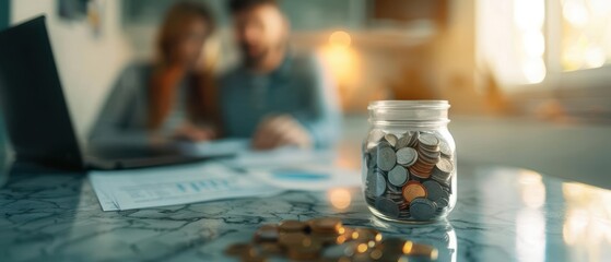 A glass jar filled with coins sits on a table near a laptop and a person working.