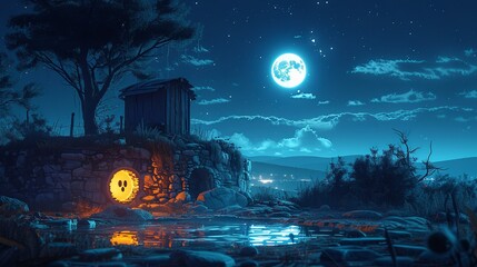 Spooky old well in a moonlit clearing, water reflecting a pale face. Minimalist UI in a flat illustration style on a white background with bright Color scheme, dribble, flat Illustration , Minimalism,