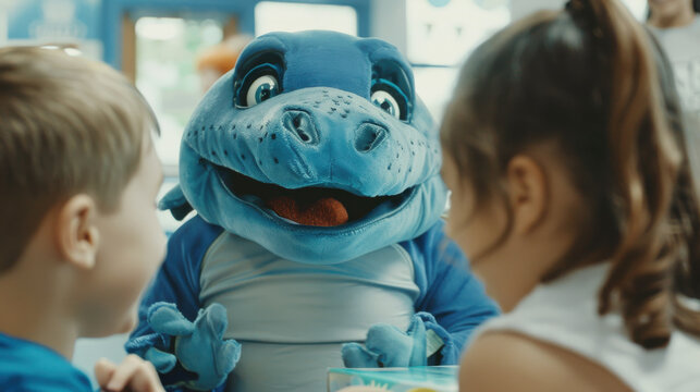 Financial institution mascot entertaining children while they learn about saving money
