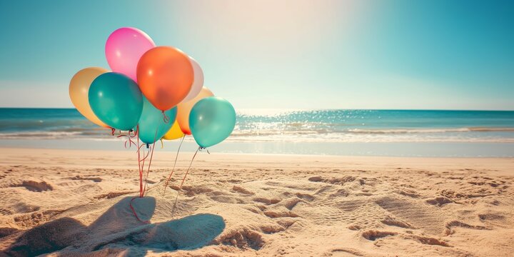 A bunch of colorful balloons are on the beach. The balloons are scattered around the sand, and they are all different colors. The beach is a beautiful, sunny day