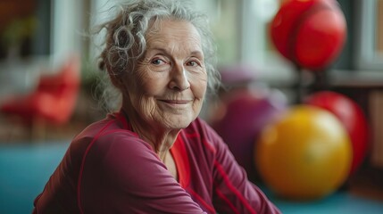 Pensioner engaging in sports therapy, wellness concept, editorial advertising photography, vibrant and therapeutic setting, empty copy space for text on side